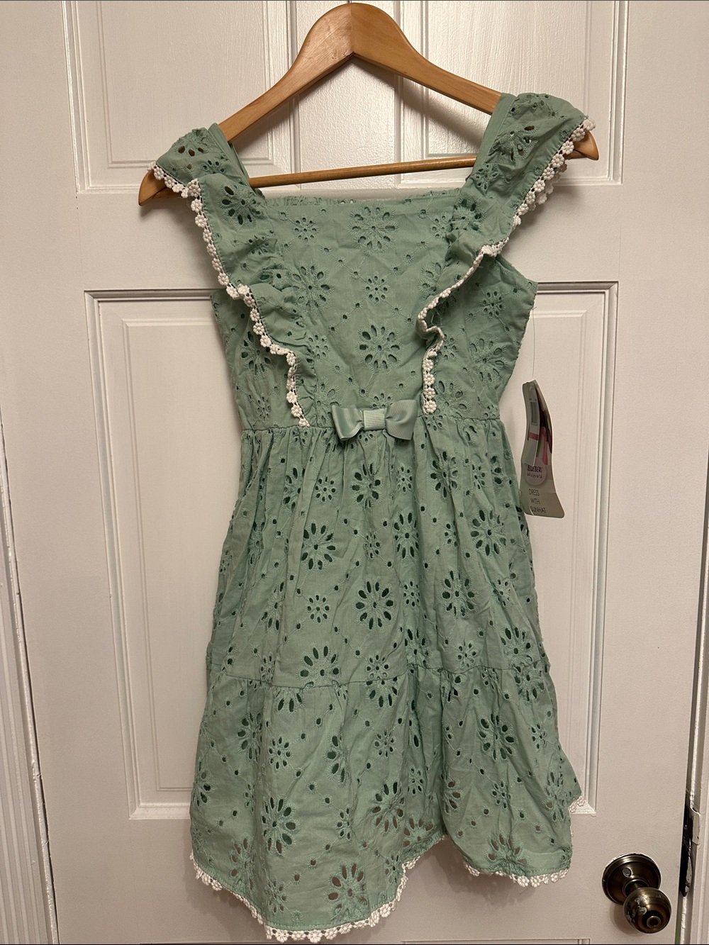 Girls Sage Eyelet Ruffle Dress with Decorative Bow
